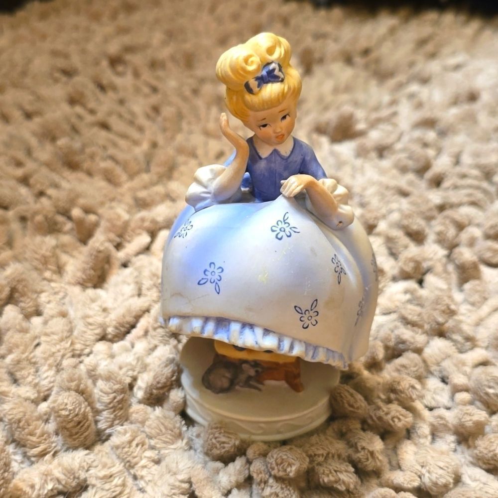 Vintage Handpainted Lefton Bloomer Girl on Stool Afraid of Mice